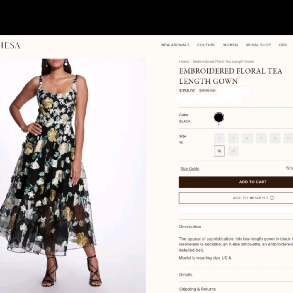Marchesa Notte Floral Applique 3D Embroidered Tea Length Gown Tulle Size 8 - Picture 13 of 17